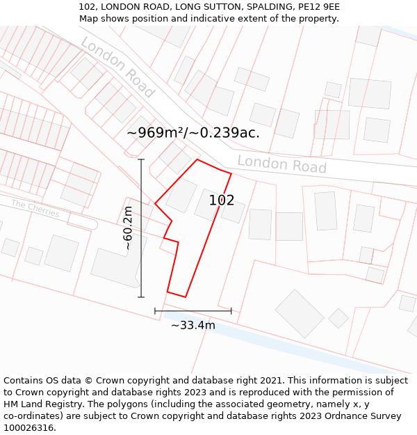 102, LONDON ROAD, LONG SUTTON, SPALDING, PE12 9EE: Plot and title map