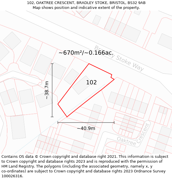 102, OAKTREE CRESCENT, BRADLEY STOKE, BRISTOL, BS32 9AB: Plot and title map