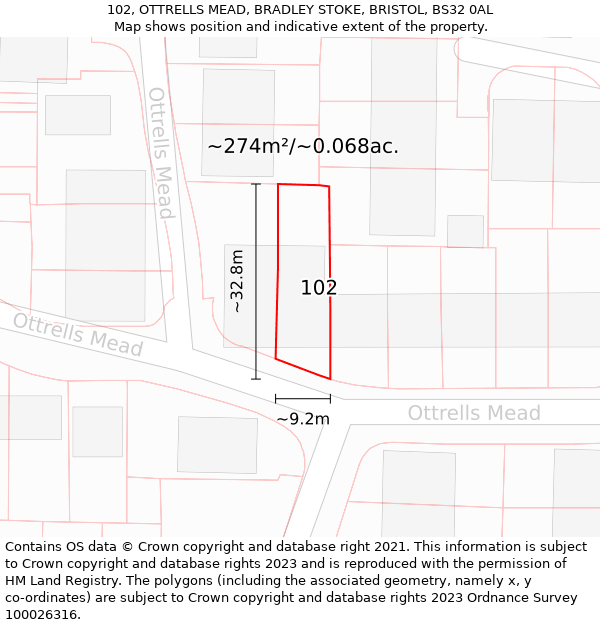 102, OTTRELLS MEAD, BRADLEY STOKE, BRISTOL, BS32 0AL: Plot and title map