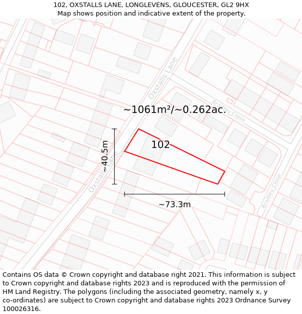 102, OXSTALLS LANE, LONGLEVENS, GLOUCESTER, GL2 9HX: Plot and title map