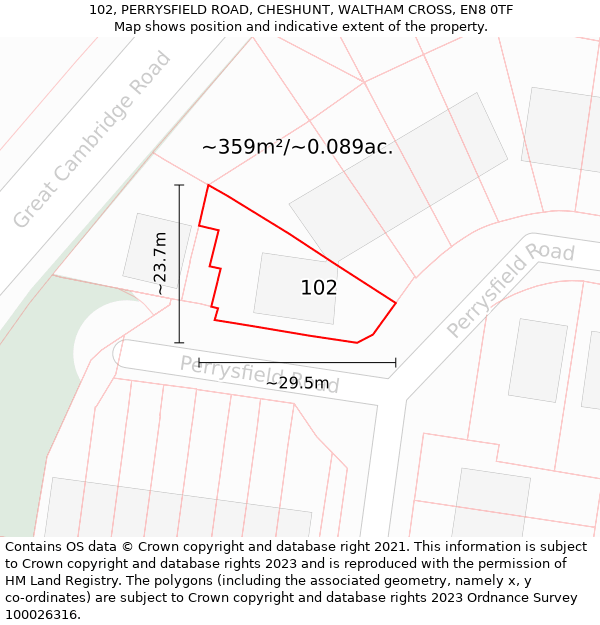 102, PERRYSFIELD ROAD, CHESHUNT, WALTHAM CROSS, EN8 0TF: Plot and title map