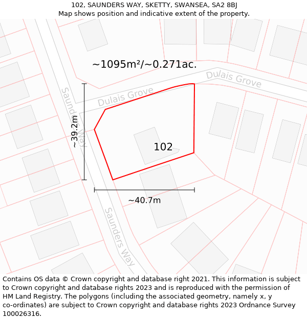 102, SAUNDERS WAY, SKETTY, SWANSEA, SA2 8BJ: Plot and title map