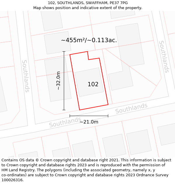 102, SOUTHLANDS, SWAFFHAM, PE37 7PG: Plot and title map