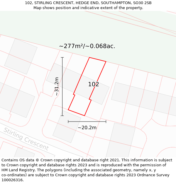 102, STIRLING CRESCENT, HEDGE END, SOUTHAMPTON, SO30 2SB: Plot and title map