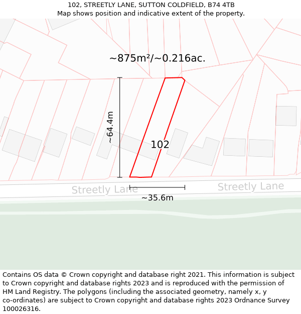 102, STREETLY LANE, SUTTON COLDFIELD, B74 4TB: Plot and title map