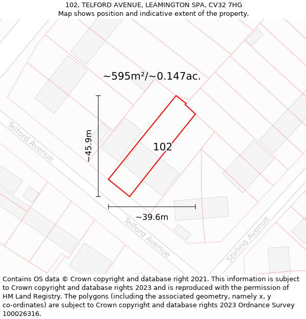 102, TELFORD AVENUE, LEAMINGTON SPA, CV32 7HG: Plot and title map