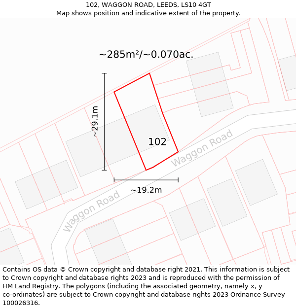 102, WAGGON ROAD, LEEDS, LS10 4GT: Plot and title map