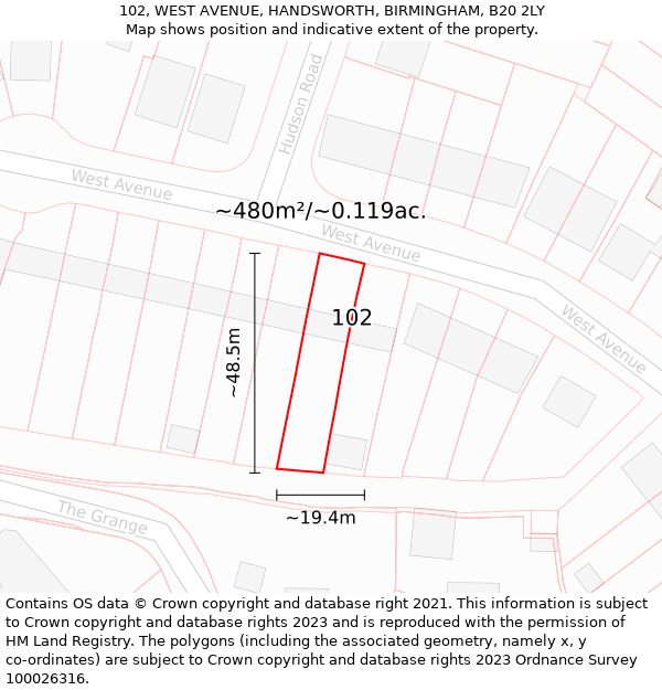 102, WEST AVENUE, HANDSWORTH, BIRMINGHAM, B20 2LY: Plot and title map