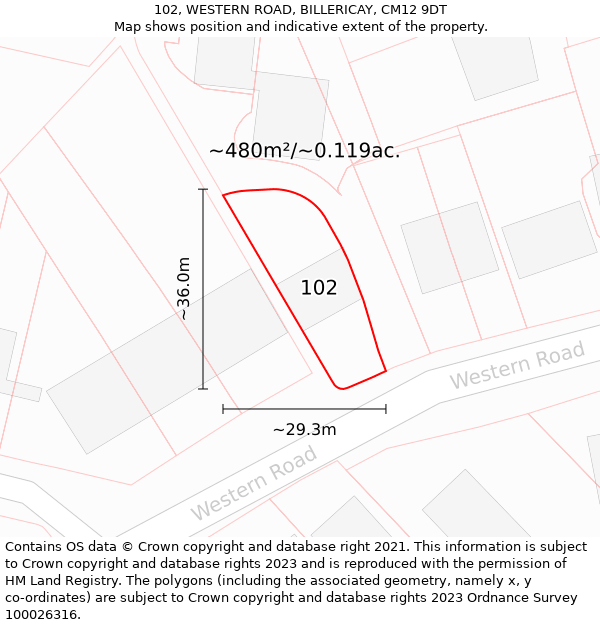 102, WESTERN ROAD, BILLERICAY, CM12 9DT: Plot and title map