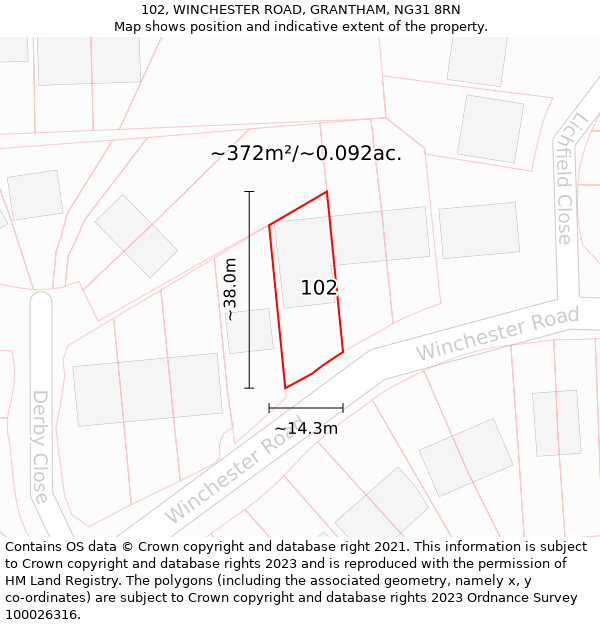 102, WINCHESTER ROAD, GRANTHAM, NG31 8RN: Plot and title map