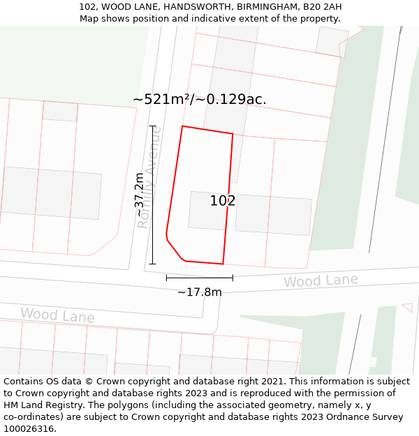 102, WOOD LANE, HANDSWORTH, BIRMINGHAM, B20 2AH: Plot and title map