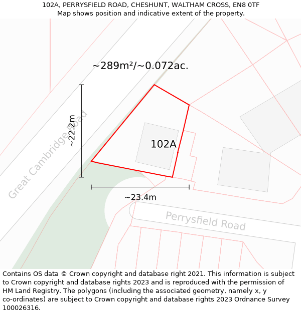 102A, PERRYSFIELD ROAD, CHESHUNT, WALTHAM CROSS, EN8 0TF: Plot and title map