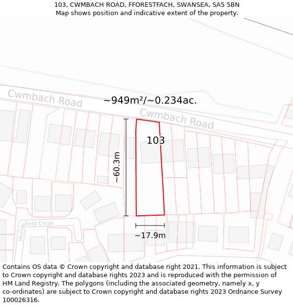 103, CWMBACH ROAD, FFORESTFACH, SWANSEA, SA5 5BN: Plot and title map