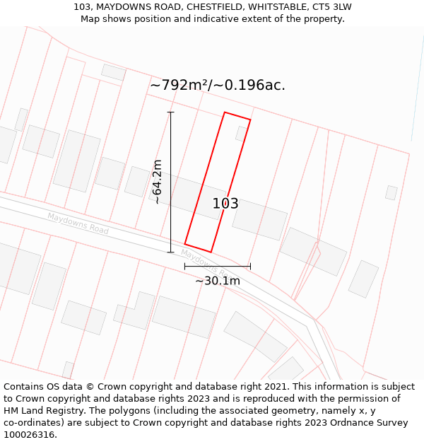 103, MAYDOWNS ROAD, CHESTFIELD, WHITSTABLE, CT5 3LW: Plot and title map