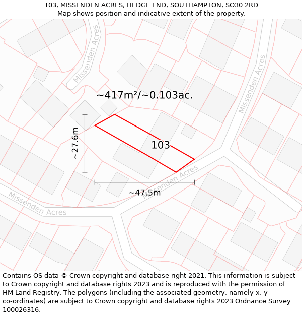 103, MISSENDEN ACRES, HEDGE END, SOUTHAMPTON, SO30 2RD: Plot and title map