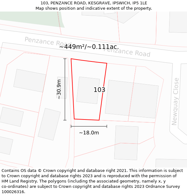 103, PENZANCE ROAD, KESGRAVE, IPSWICH, IP5 1LE: Plot and title map