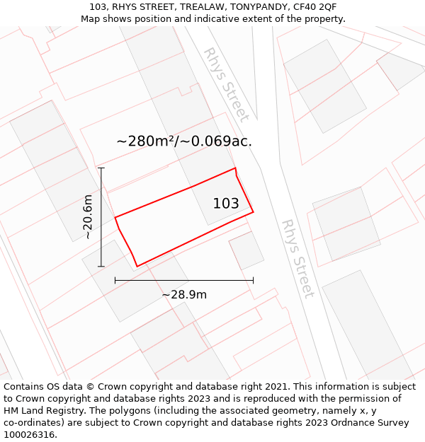 103, RHYS STREET, TREALAW, TONYPANDY, CF40 2QF: Plot and title map