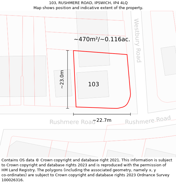 103, RUSHMERE ROAD, IPSWICH, IP4 4LQ: Plot and title map
