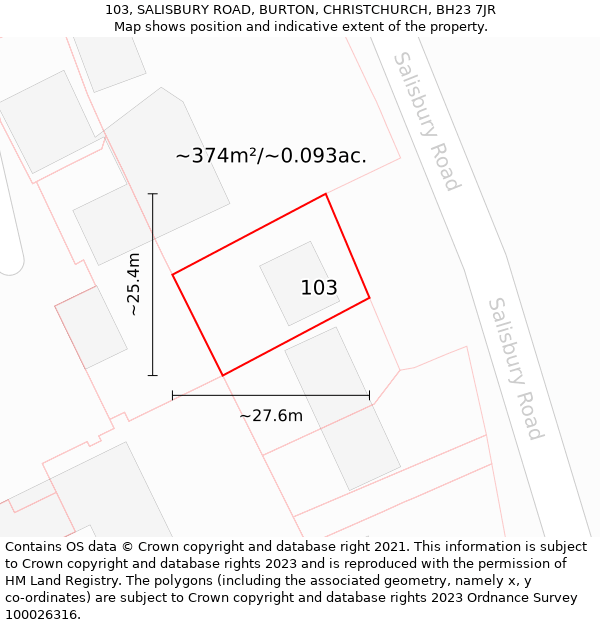 103, SALISBURY ROAD, BURTON, CHRISTCHURCH, BH23 7JR: Plot and title map