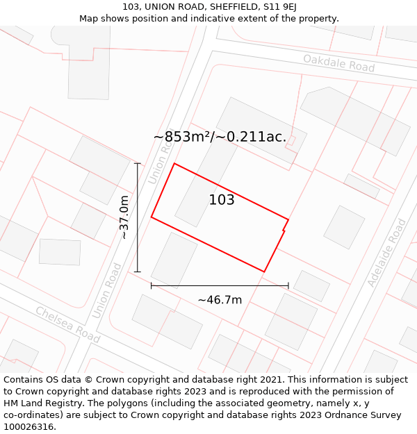 103, UNION ROAD, SHEFFIELD, S11 9EJ: Plot and title map