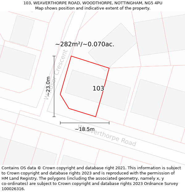 103, WEAVERTHORPE ROAD, WOODTHORPE, NOTTINGHAM, NG5 4PU: Plot and title map