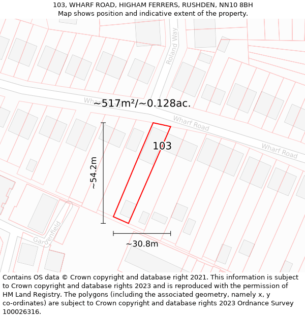 103, WHARF ROAD, HIGHAM FERRERS, RUSHDEN, NN10 8BH: Plot and title map