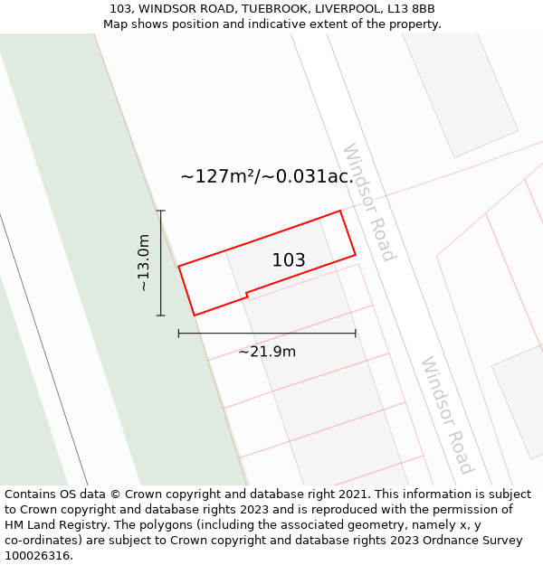 103, WINDSOR ROAD, TUEBROOK, LIVERPOOL, L13 8BB: Plot and title map