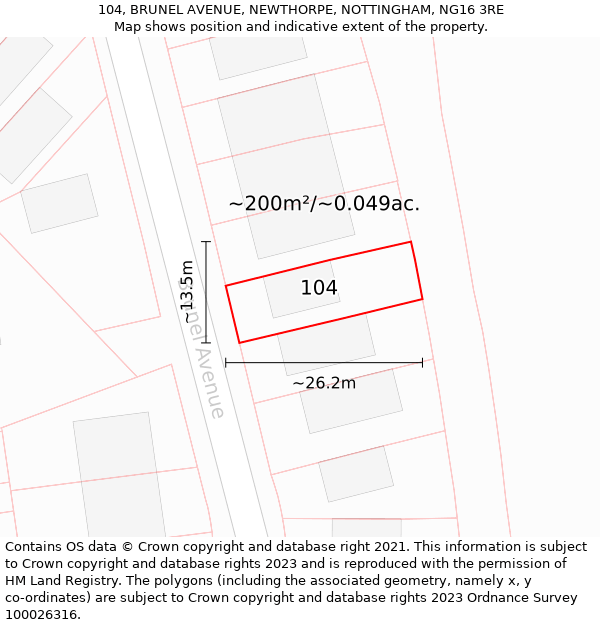 104, BRUNEL AVENUE, NEWTHORPE, NOTTINGHAM, NG16 3RE: Plot and title map