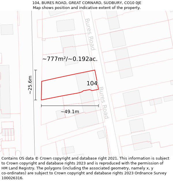 104, BURES ROAD, GREAT CORNARD, SUDBURY, CO10 0JE: Plot and title map