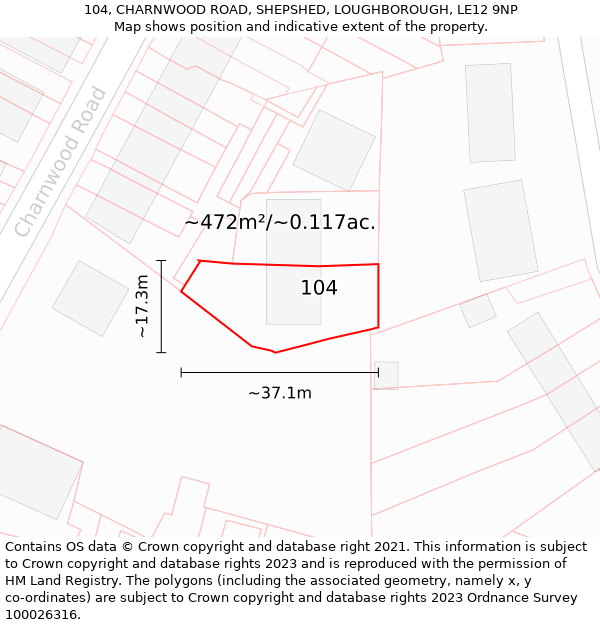 104, CHARNWOOD ROAD, SHEPSHED, LOUGHBOROUGH, LE12 9NP: Plot and title map