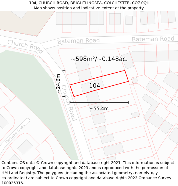 104, CHURCH ROAD, BRIGHTLINGSEA, COLCHESTER, CO7 0QH: Plot and title map