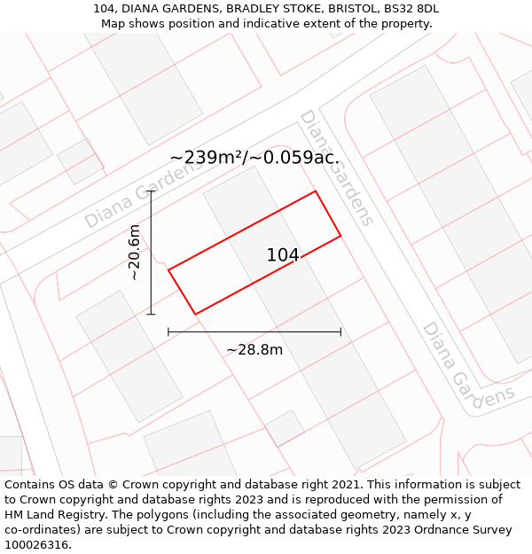 104, DIANA GARDENS, BRADLEY STOKE, BRISTOL, BS32 8DL: Plot and title map