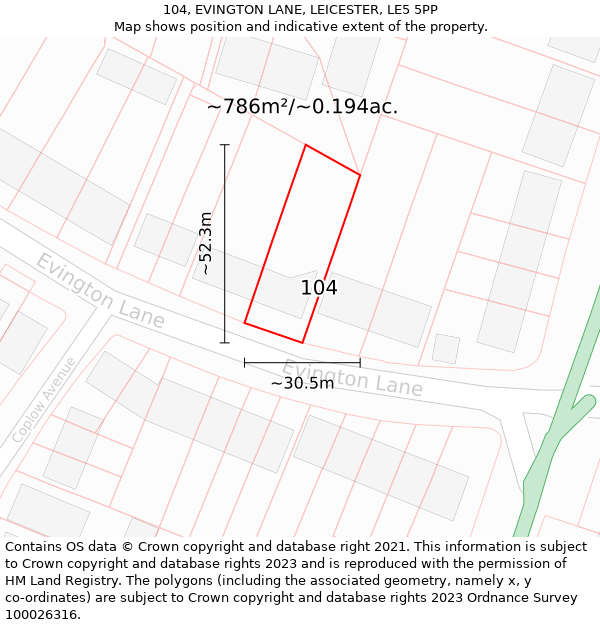 104, EVINGTON LANE, LEICESTER, LE5 5PP: Plot and title map