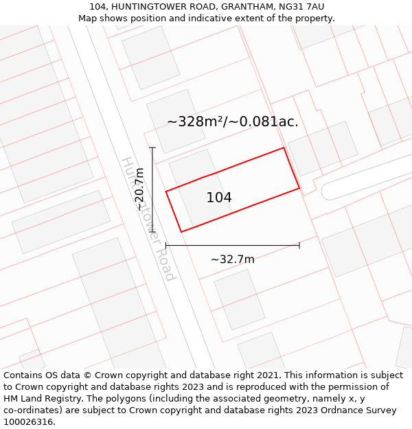 104, HUNTINGTOWER ROAD, GRANTHAM, NG31 7AU: Plot and title map