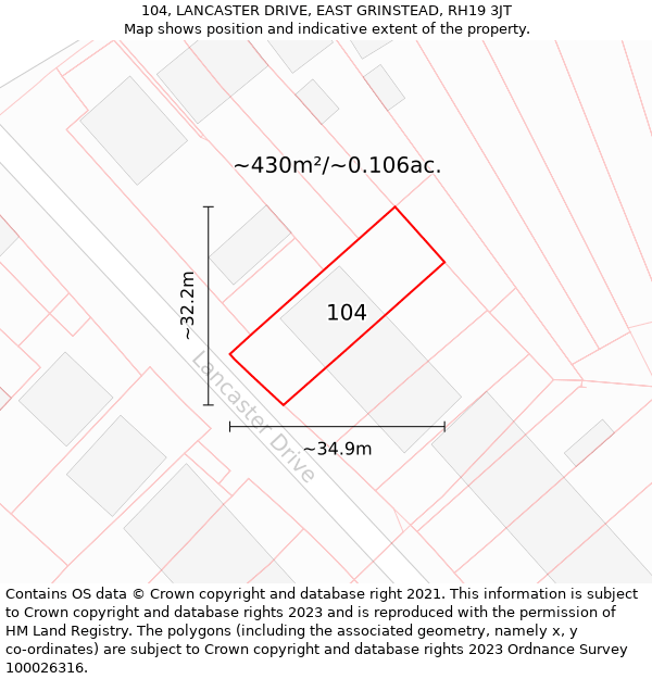 104, LANCASTER DRIVE, EAST GRINSTEAD, RH19 3JT: Plot and title map