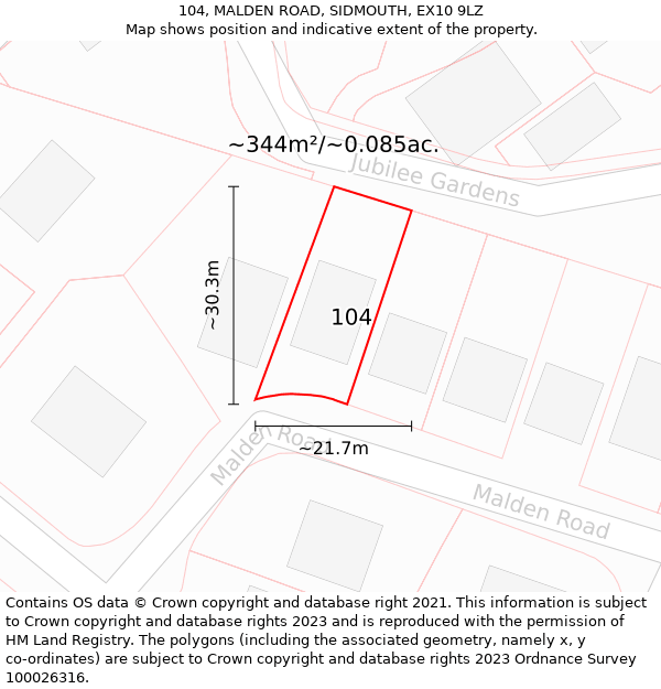 104, MALDEN ROAD, SIDMOUTH, EX10 9LZ: Plot and title map