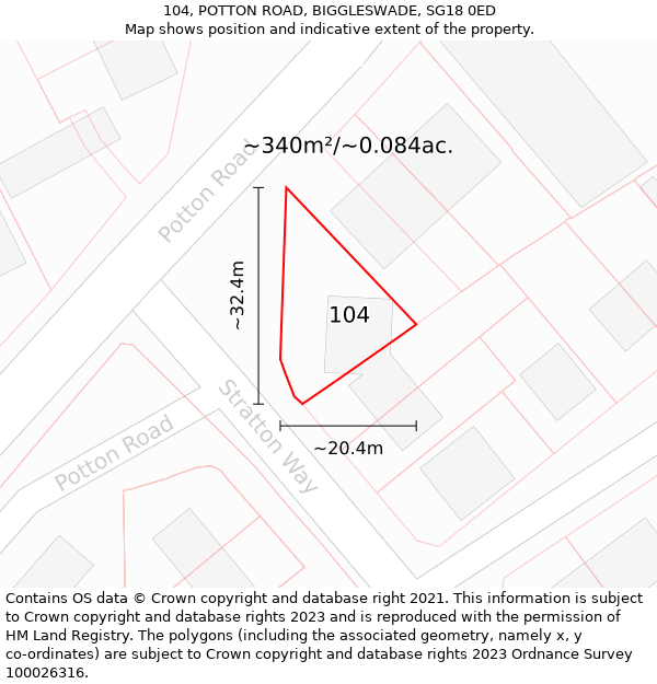 104, POTTON ROAD, BIGGLESWADE, SG18 0ED: Plot and title map