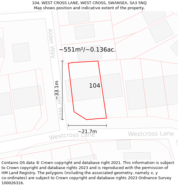 104, WEST CROSS LANE, WEST CROSS, SWANSEA, SA3 5NQ: Plot and title map