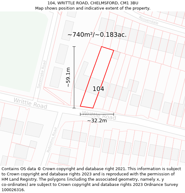 104, WRITTLE ROAD, CHELMSFORD, CM1 3BU: Plot and title map