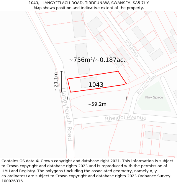 1043, LLANGYFELACH ROAD, TIRDEUNAW, SWANSEA, SA5 7HY: Plot and title map