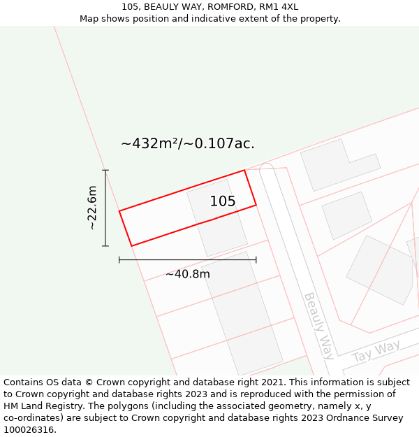 105, BEAULY WAY, ROMFORD, RM1 4XL: Plot and title map