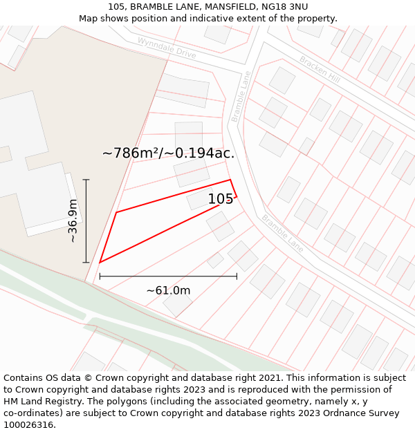 105, BRAMBLE LANE, MANSFIELD, NG18 3NU: Plot and title map