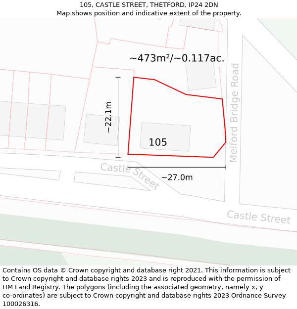 105, CASTLE STREET, THETFORD, IP24 2DN: Plot and title map