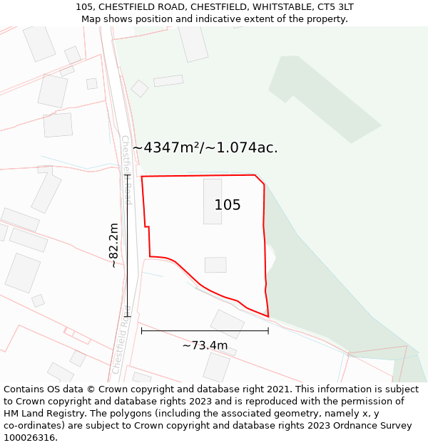 105, CHESTFIELD ROAD, CHESTFIELD, WHITSTABLE, CT5 3LT: Plot and title map