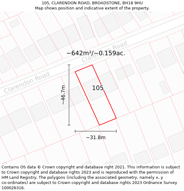 105, CLARENDON ROAD, BROADSTONE, BH18 9HU: Plot and title map