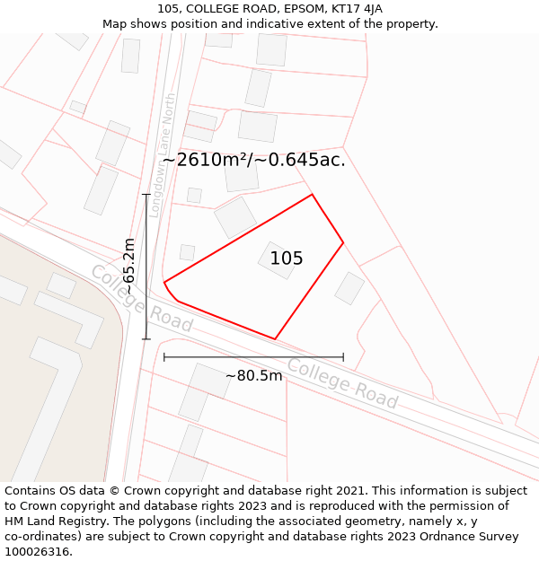 105, COLLEGE ROAD, EPSOM, KT17 4JA: Plot and title map