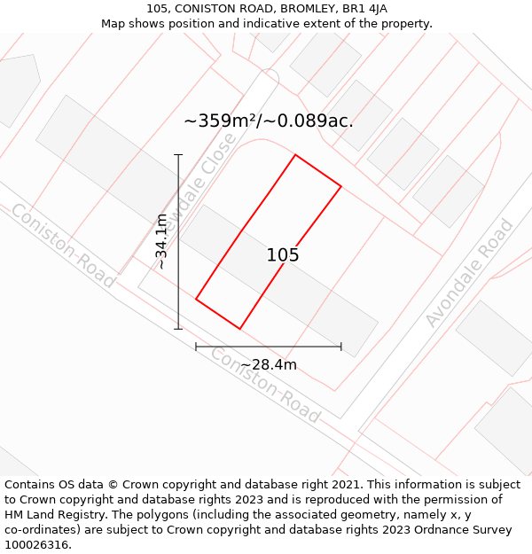 105, CONISTON ROAD, BROMLEY, BR1 4JA: Plot and title map