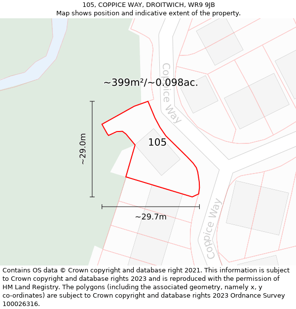 105, COPPICE WAY, DROITWICH, WR9 9JB: Plot and title map