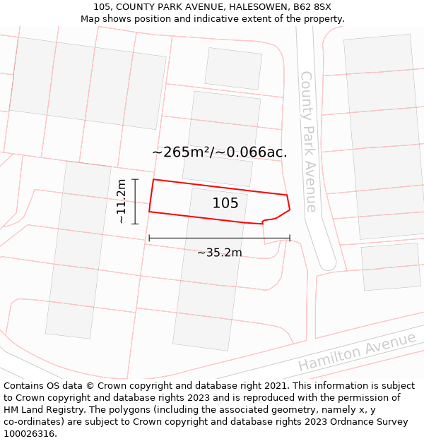 105, COUNTY PARK AVENUE, HALESOWEN, B62 8SX: Plot and title map