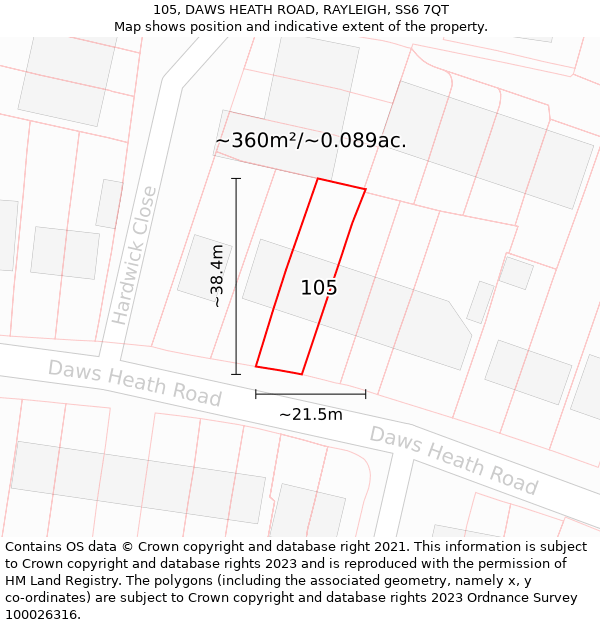 105, DAWS HEATH ROAD, RAYLEIGH, SS6 7QT: Plot and title map